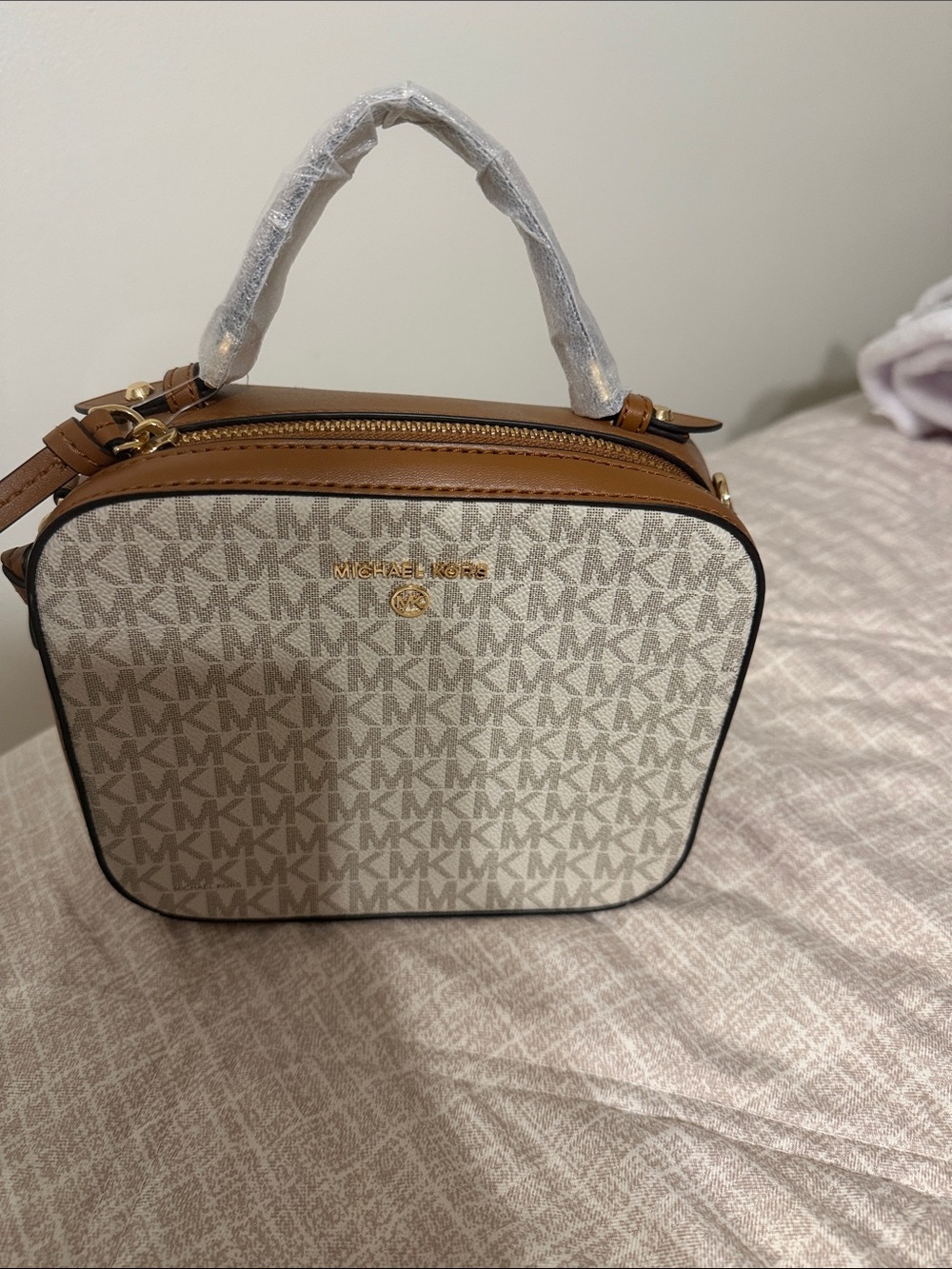 Michael Kors Monogram Satchel in Beige and Brown
